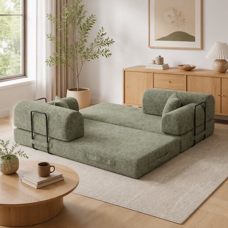 Canapé-lit convertible en tissu bicolore mélangé, matelas pliant et structure fixe, vert mousse