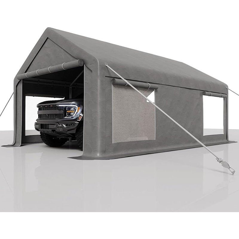 Abri d'auto robuste, toile de polyester imperméable avec portes et fenêtres enroulables, parois latérales amovibles, abri de garage pour voiture, camion, bateau de 12 pi x 20 pi