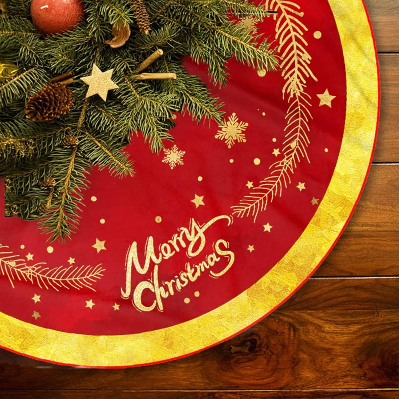 Jupe d'arbre de Noël avec jupe d'arbre rouge et or, tapis d'arbre de Noël moelleux avec motif de neige