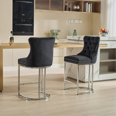 Modern Velvet Barstools With Button BackRivet Trim Upholstered Kitchen Island Chairs