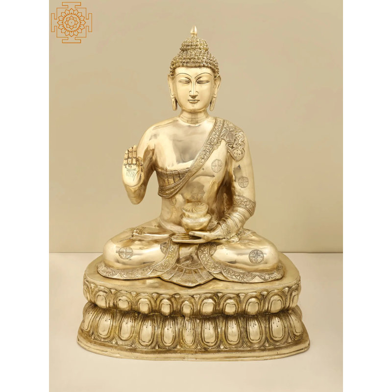 Grande statue de Bouddha en laiton 29 po en Vitarka Mudra - décor de méditation spirituelle faite à la main pour les espaces autel et zen