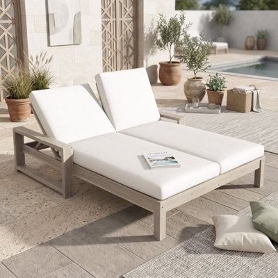 Acacia Wood Outdoor Double Chaise Lounge with Independent 5-Position Adjustable Backrests, Cushions and Leveling Feet
