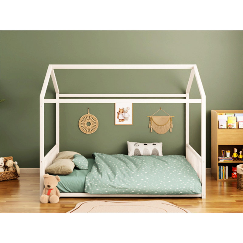 Metal Floor Bed Frame With House Shaped Design And Safety Guardrails, White