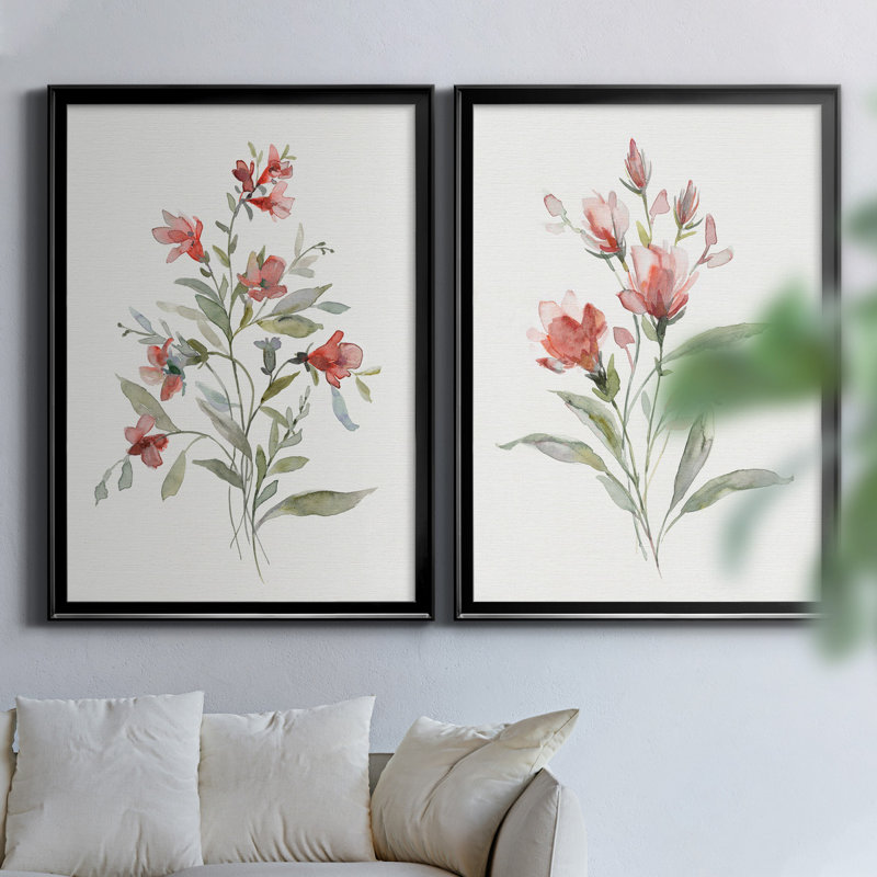 Lin botanique corail III - ensemble de 2 reproductions d'art, H 30,5 po x l 42,5 po x P 3 po, Toile avec cadre noir
