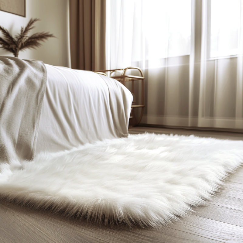 Mozza Natural White Faux Sheepskin Fur Fluffy Shag Area Rug, Rectangle 2' x 3'