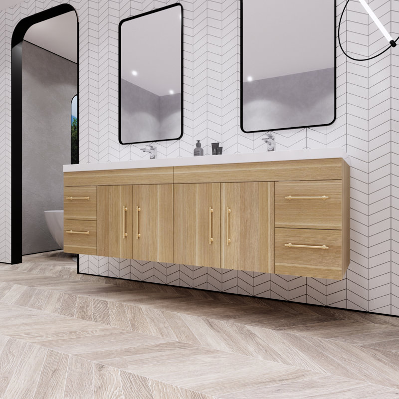 Bensley 70.86'' Double Bathroom Vanity with Acrylic Top, Champagne Oak
