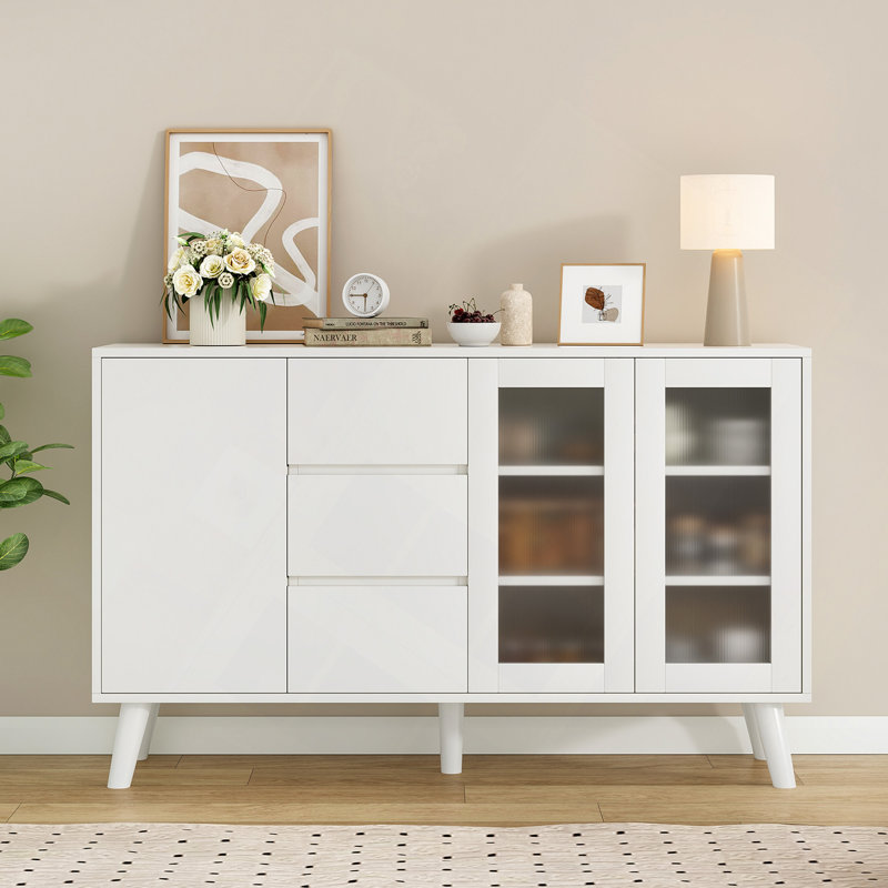 Buffet, bar à café 55,5 po avec 3 tiroirs et portes escamotables, grand buffet rustique pour la salle à manger, la cuisine, le couloir et le salon