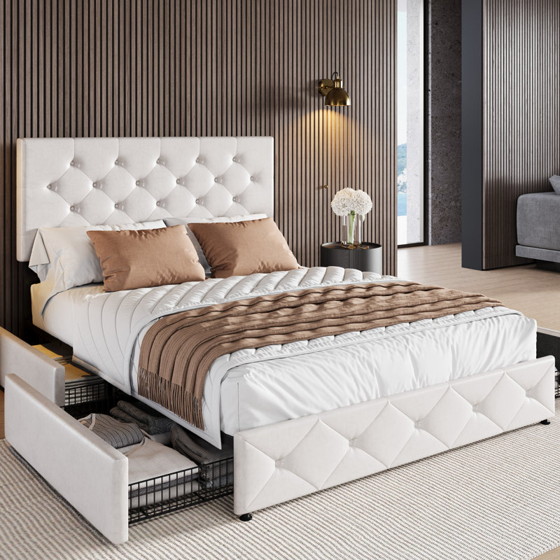 Zelna Upholstered Platform Storage Bed with 4 Drawers and Sleek Button Tufting, Double Full, White