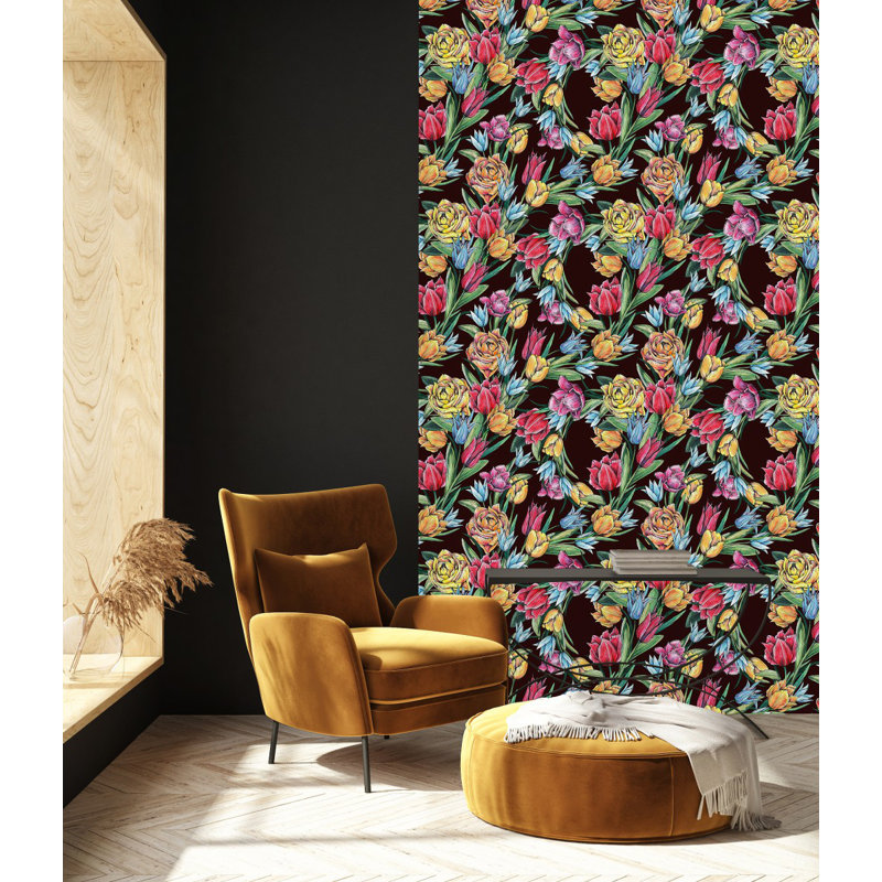 Panneau de papier peint noir L 10,4 pi x l 25 po Tulips