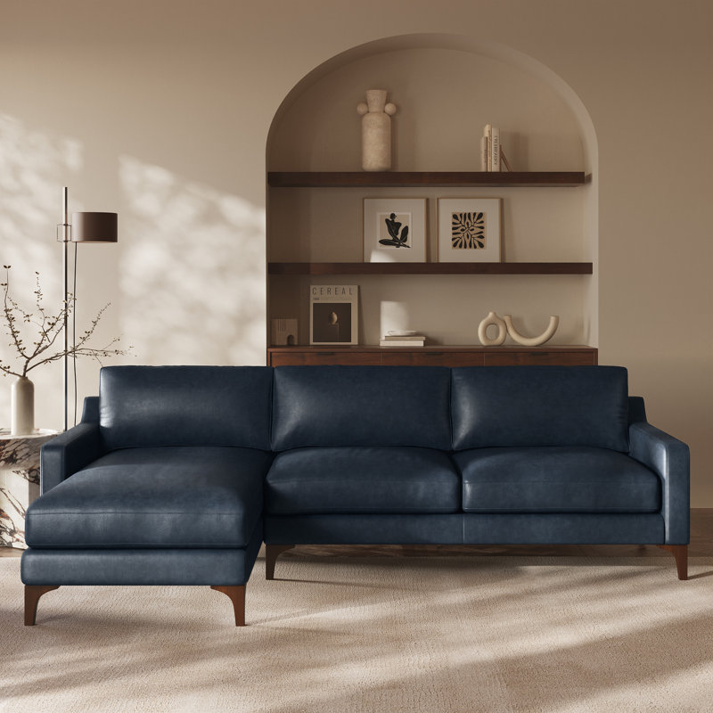Sorrento Full-Grain Genuine Italian Leather Sectional, Left Hand Facing, Blue