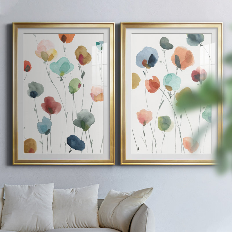 «Lollipop Garden I», ensemble de 2 impressions, Impression encadrée avec passe-partout, H 26,5 po x l 73 po, Doré