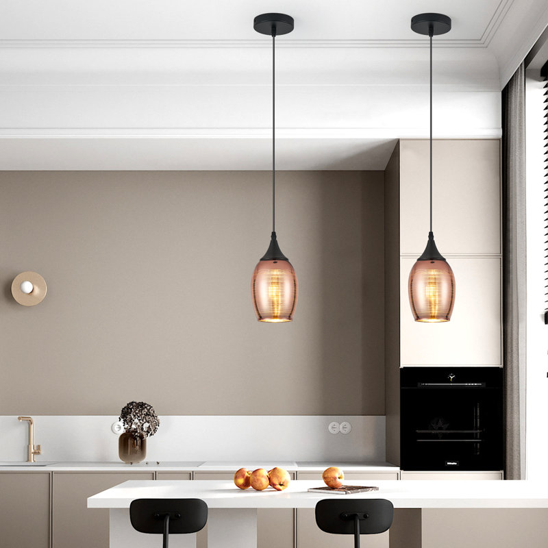 1 - Light Red Copper Glass Single Pendant Light, Red Copper, Black