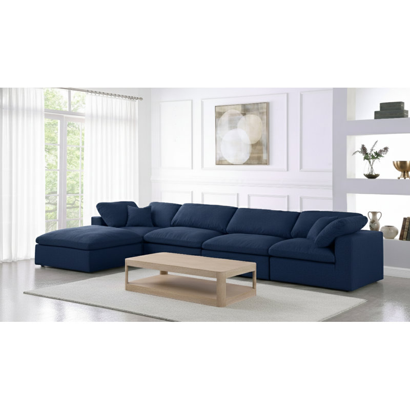 Canapé modulaire réversible avec repose-pieds Burrows, Tissu texturé en lin bleu marine