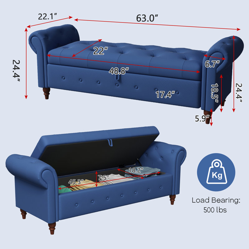 Daira Upholstered Storage Bench, 63" Bed Bench, Blue