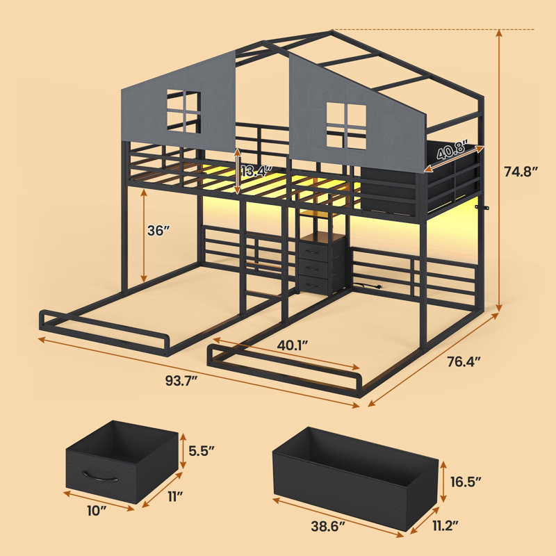 Triple lit superposé simple avec maison, 4 tiroirs de rangement, station de charge et lumières à DEL, lit superposé en métal avec barrière de sécurité de H 13,4 po, rideau de jeu, lit en forme de maison de bricolage