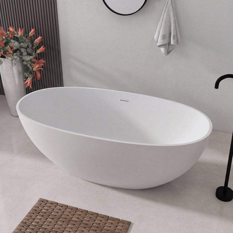 Baignoire autoportante ovale de 61 pouces, baignoire en résine de pierre avec trop-plein et bonde escamotable, blanc mat pour salle de bain moderne