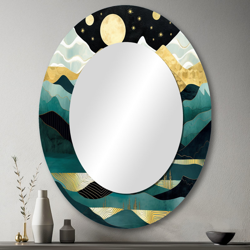 Mountain Nature's Roar II - Teal Oval Wall Mirror Decor, 43" x 33"