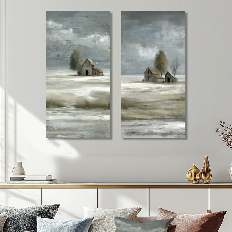 «Farmhouse in Winter Countryside Landscape», ensemble de 2 décorations murales en métal blanc, 32" H x 32" W