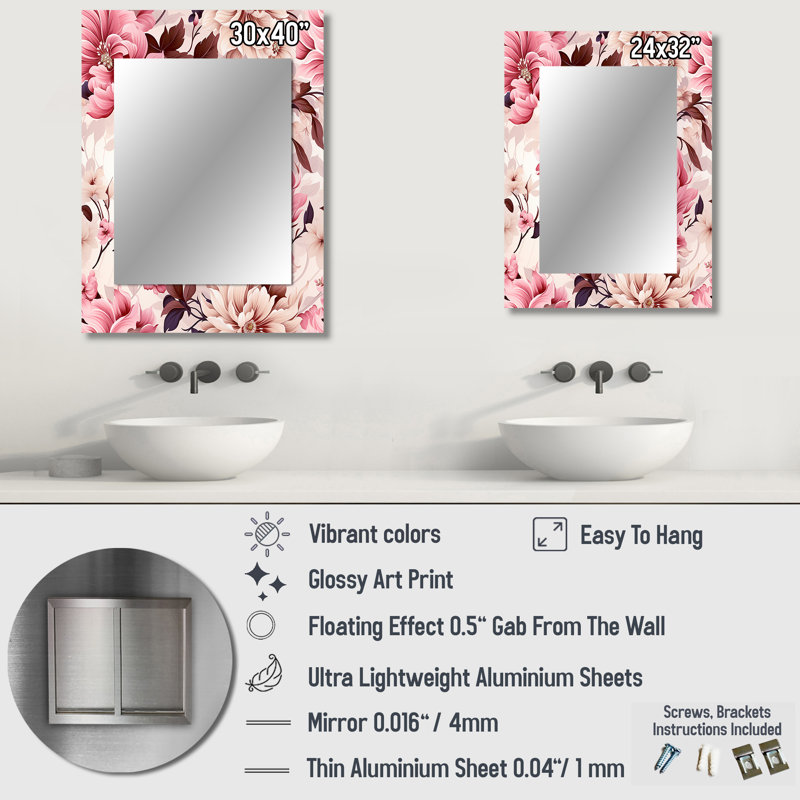 Kuzman doux rose pivoine Bouquet jardin - miroir mural décoratif floral, grand miroir floral, art imprimé en métal