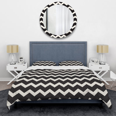 Chevron horizontal noir en zigzag - ensemble de housse de couette abstrait - polyester en microfibre