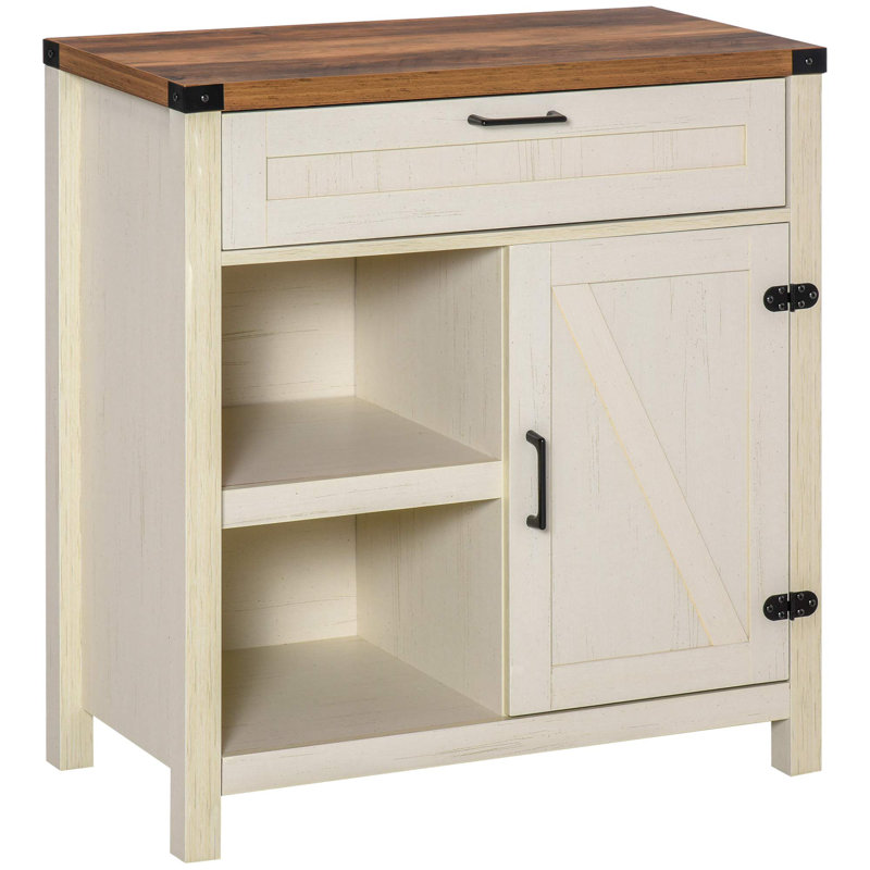 Distressed White Farmhouse Sideboard Buffet Cabinet with Dark Hardware