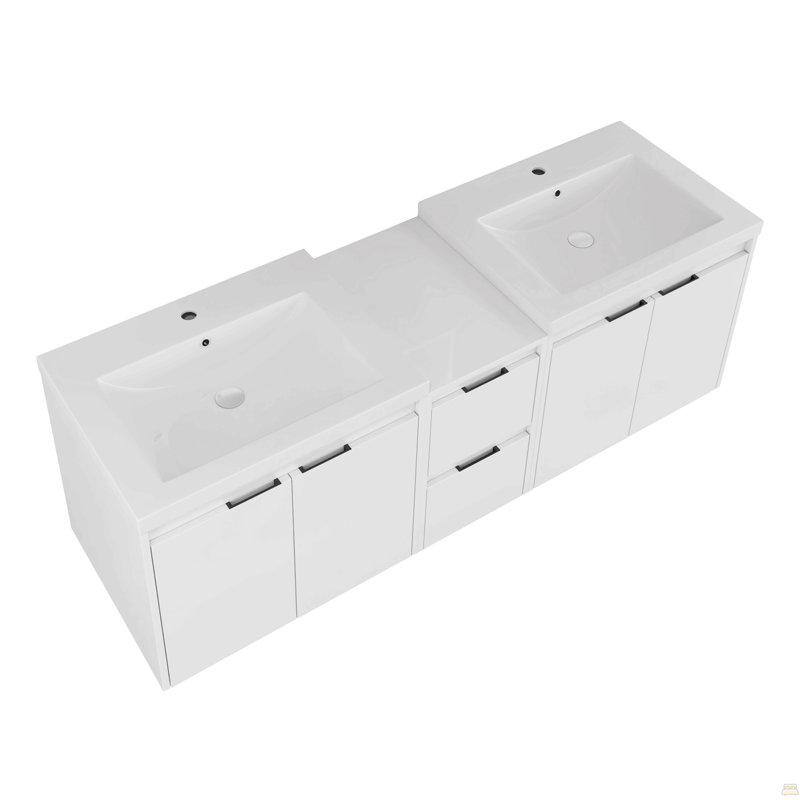 Meuble-lavabo de 60 po avec lavabo en résine, portes à fermeture en douceur et 1 armoire latérale, conception à fixation flottante, blanc brillant, contreplaqué (emballage KD) - 24 po x 2 + 12 po