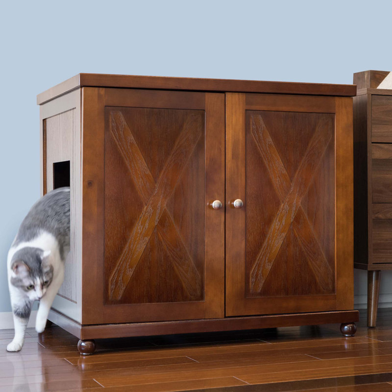 The Refined Litter Box - Wood Cat Litter Box Enclosure Cabinet with Drawer, Farmhouse Style + Feet, Round, Extra Large