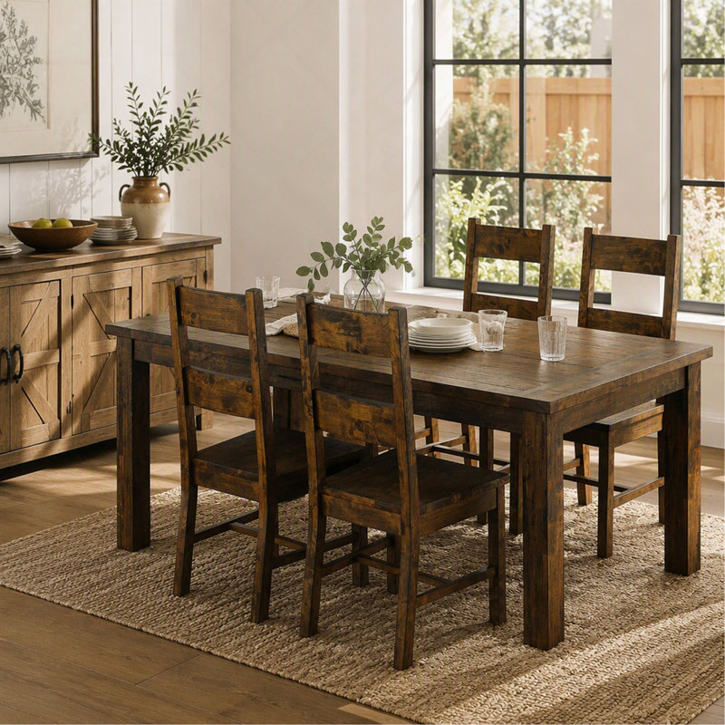 Ensemble de table à manger rustique Mina, fini brun doré, pour salle à manger familiale, 5