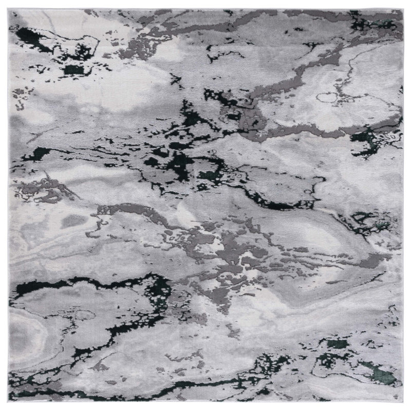 Pressley Abstract Ivory/Gray/Green Area Rug, Square 6'7"