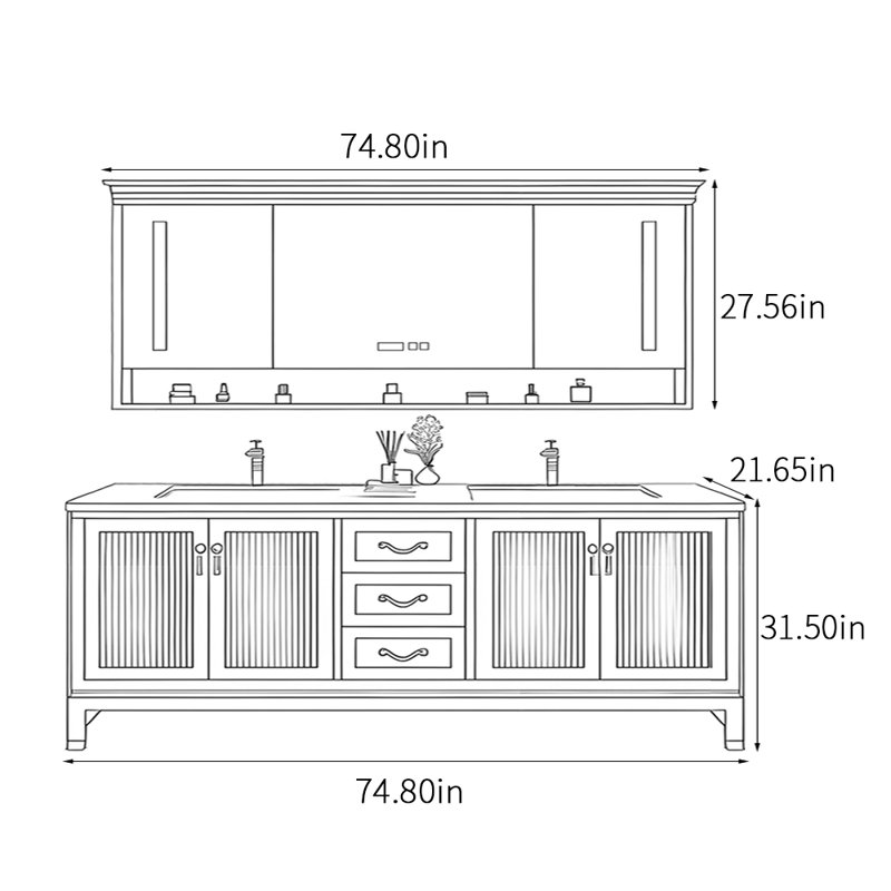 Armoire de salle de bain sur pied de style chinois, H 31,5 po x l 74,8 po x P 21,65 po