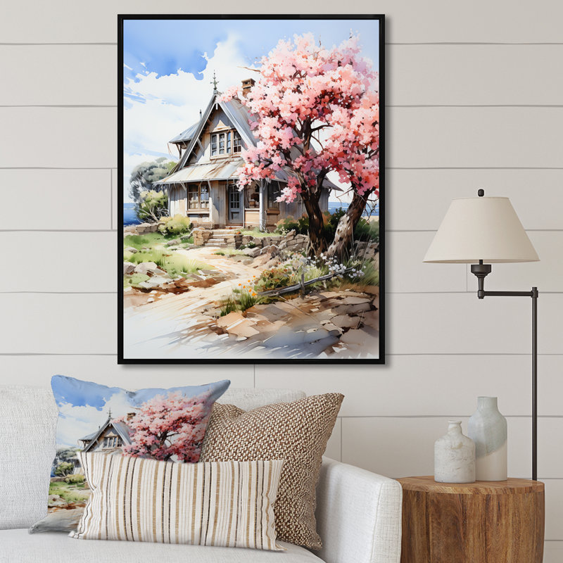 «Blossom Bungalow By The Lake 1», art mural paysage, Cadre flottant noir, H 20 po x l 12 po x P 1 po