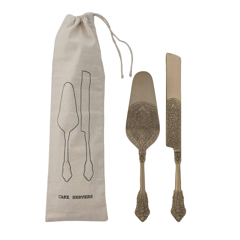 Embossed Brass Cake Server Duo