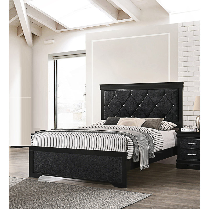 Lit à panneau moderne avec tête de lit capitonnée capitonnée en forme de cristal, Lit double