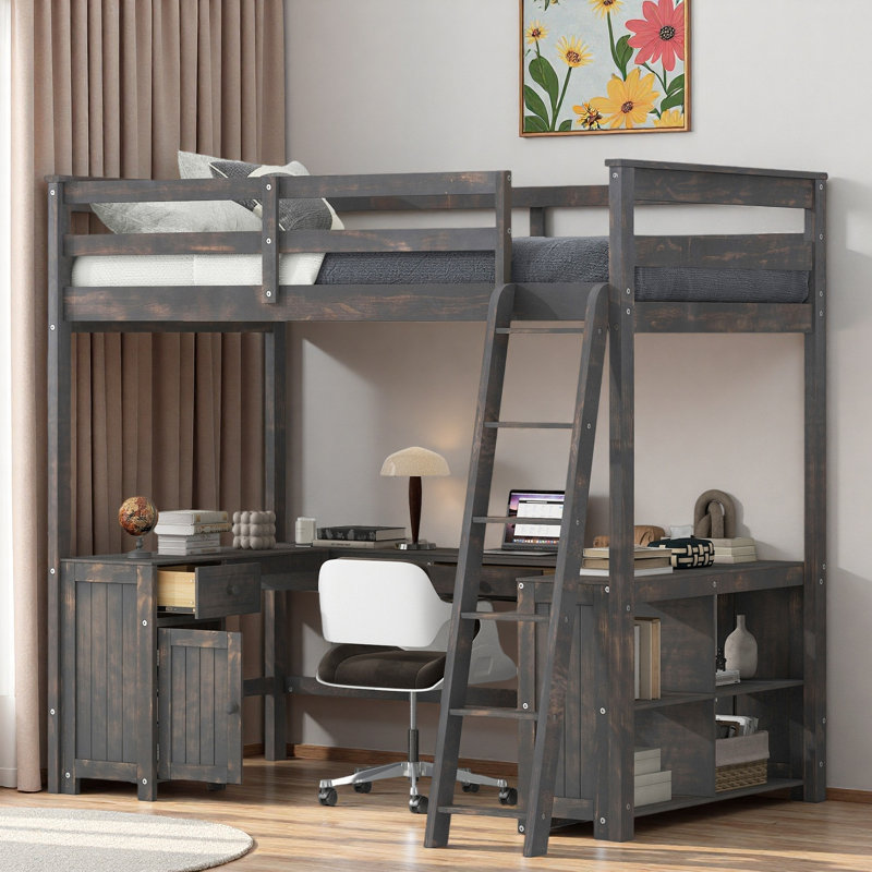 Lit mezzanine avec bureau en U, tiroirs, tablettes de rangement et armoire, Brun antique