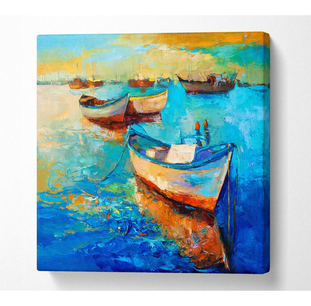 Segelboote auf den Gewässern des Sonnenuntergangs Square Canvas Print