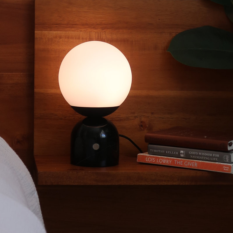 Mila 9.85 in. Mid-Century Modern LED Bedside Table Lamp with Black Marble and Frosted Globe Shade - Bundle Set of 2, Black