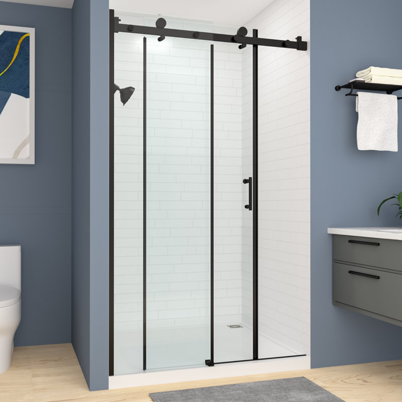 Porte de douche coulissante simple 48 po x 76 po avec verre trempé transparent, Noir mat