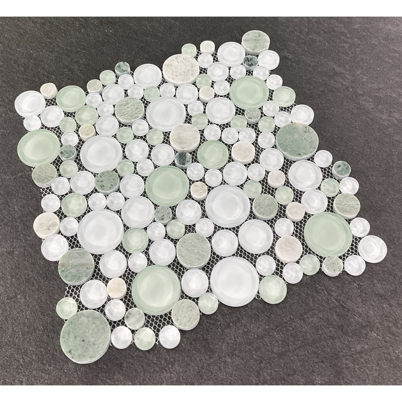 Carreau de mosaïque en verre et marbre rond vert et blanc pour dosseret de cuisine et mur de salle de bain