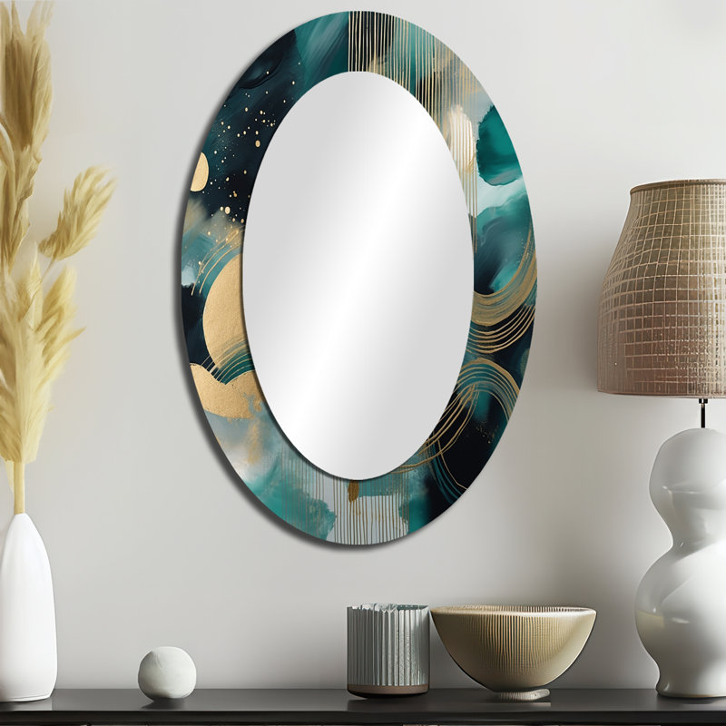 Vivid Emeral And Gold Contours Circles III - Large Oval Wall Mirror On Metal, 36" x 24"