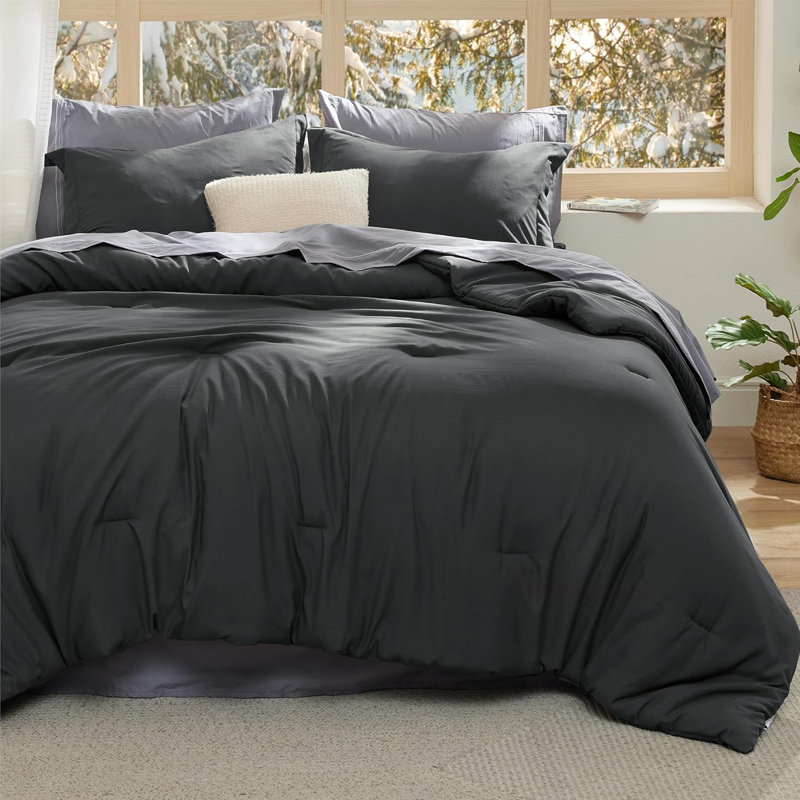 Ensembles d'édredon 100% coton, Gris foncé, Édredon très grand + 2 taies décoratives + 2 ta