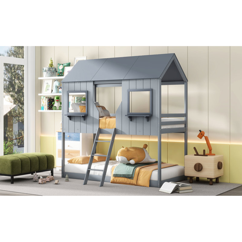 Lit superposé simple en bois massif - Gris pour une chambre à coucher moderne avec fenêtre et