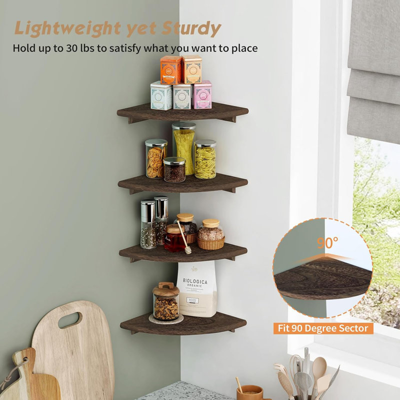 Floating Corner Shelves For Wall Set Of 4, Small Corner Bookshelf For Bedroom Books, Round Wooden Corner Shelf Wall Mount  (Dark Brown)