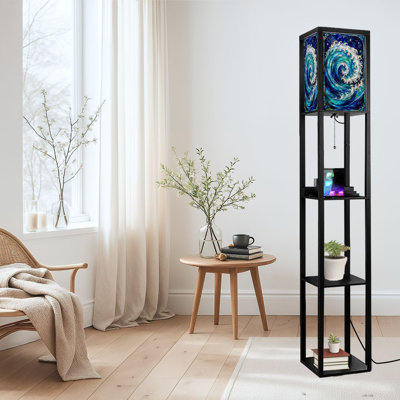 Dimmable LED Standing Floor Lamp Ocean Wave Vibrant, MDF Frame Floor Lamp with Remote Control, 3 Color Light, for Living Room Bedroom