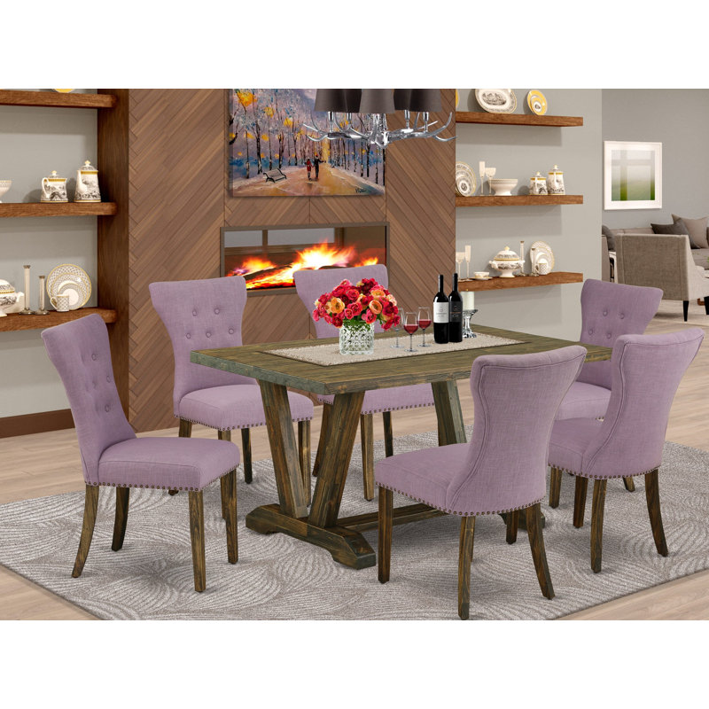 Ensemble de salle à manger moderne 7 pièces comprenant une table rectangulaire en bois avec pieds en V et 6 chaises rembourrées en lin Dahlia multicolores
