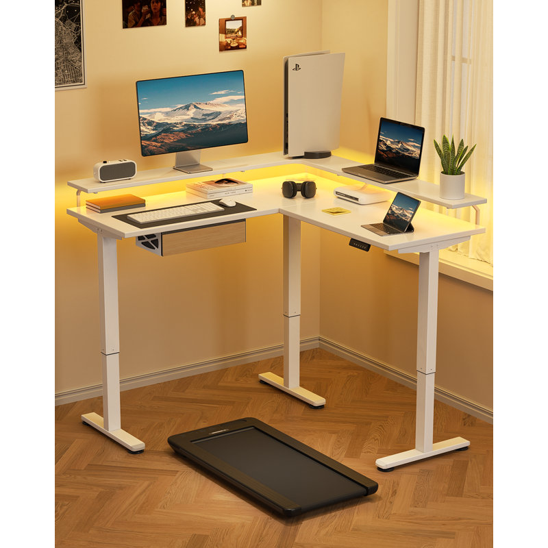 Bureau debout en L électrique avec tiroirs sous le bureau et prises de courant intégrées, Blanc