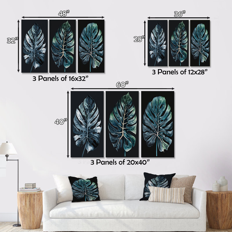Philodendron feuille III sur toile, reproduction de 3 pièces, H 28 po x l 36 po x P 1 po