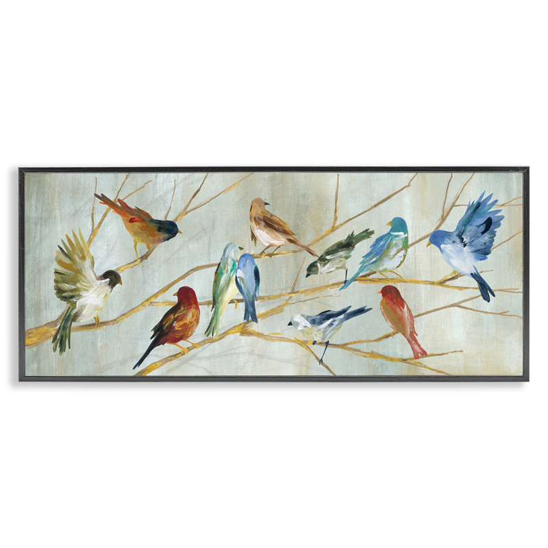 Oiseaux au repos, branches d'arbres d'automne, bleu, rouge, brun, estampe numérique encadrée, art texturé par Carol Robinson