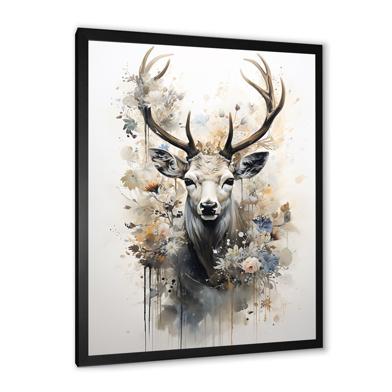 Portrait de cerf noir et blanc I sur toile, H 32 po x l 24 po x P 1 po, Cadre simple noir