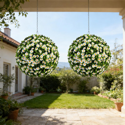2 boules de topiaire à motif floral artificiel de 9,8 pouces, matériau PE avec de petites décorations florales, boule décorative suspendue ou autoportante pour la maison