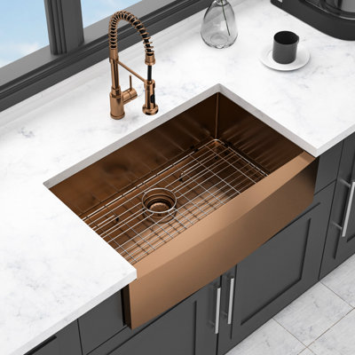 Évier avant à tablier en or rose 33 pouces, acier inoxydable T304 de calibre 16 - pelage, drain facile, avec grille à vaisselle et instructions d'installation Guide d'eau en forme de 33 * 21 * 10